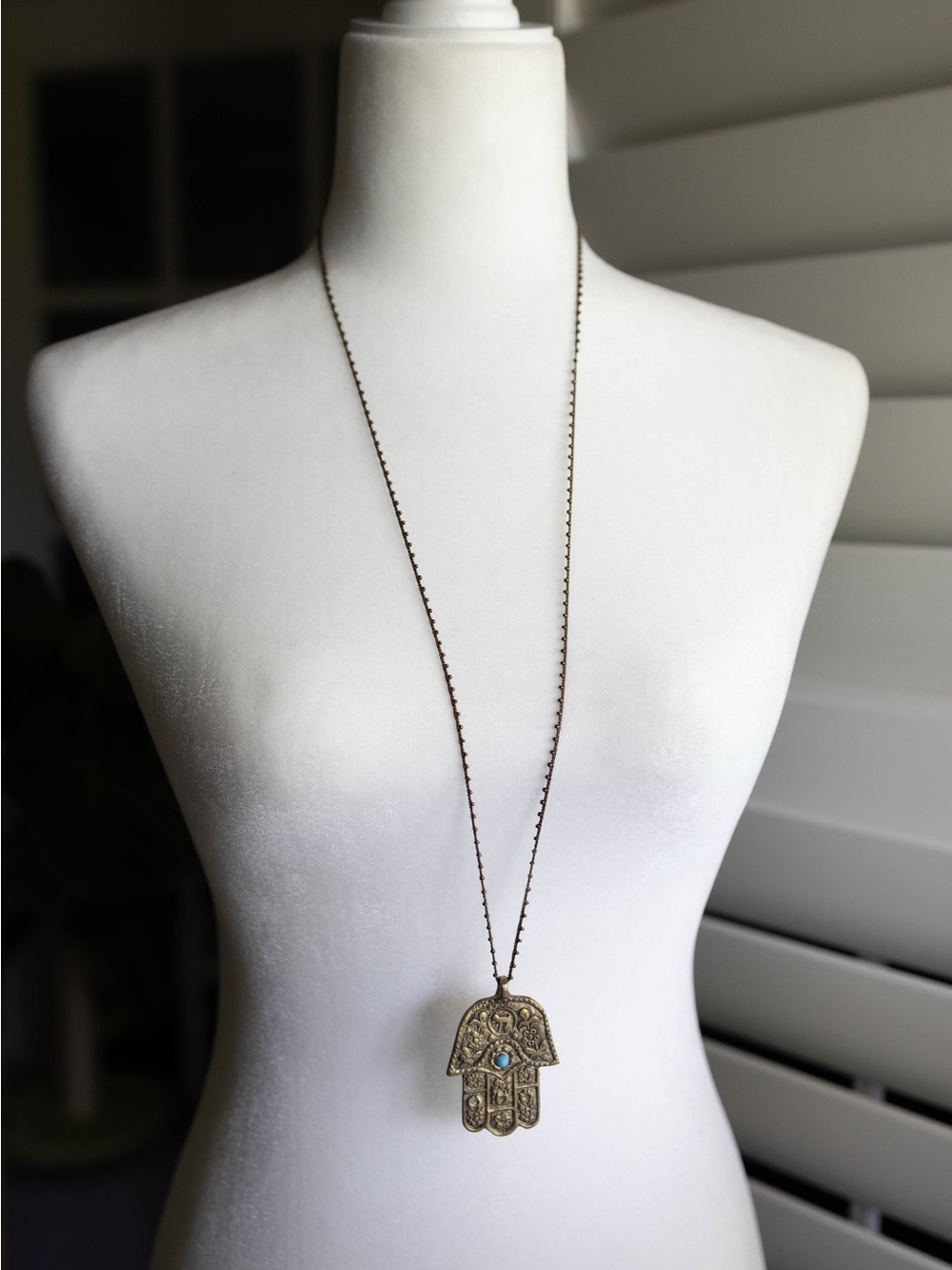 Antique Gold Hamsa Pendant Necklace with Turquoise Accent